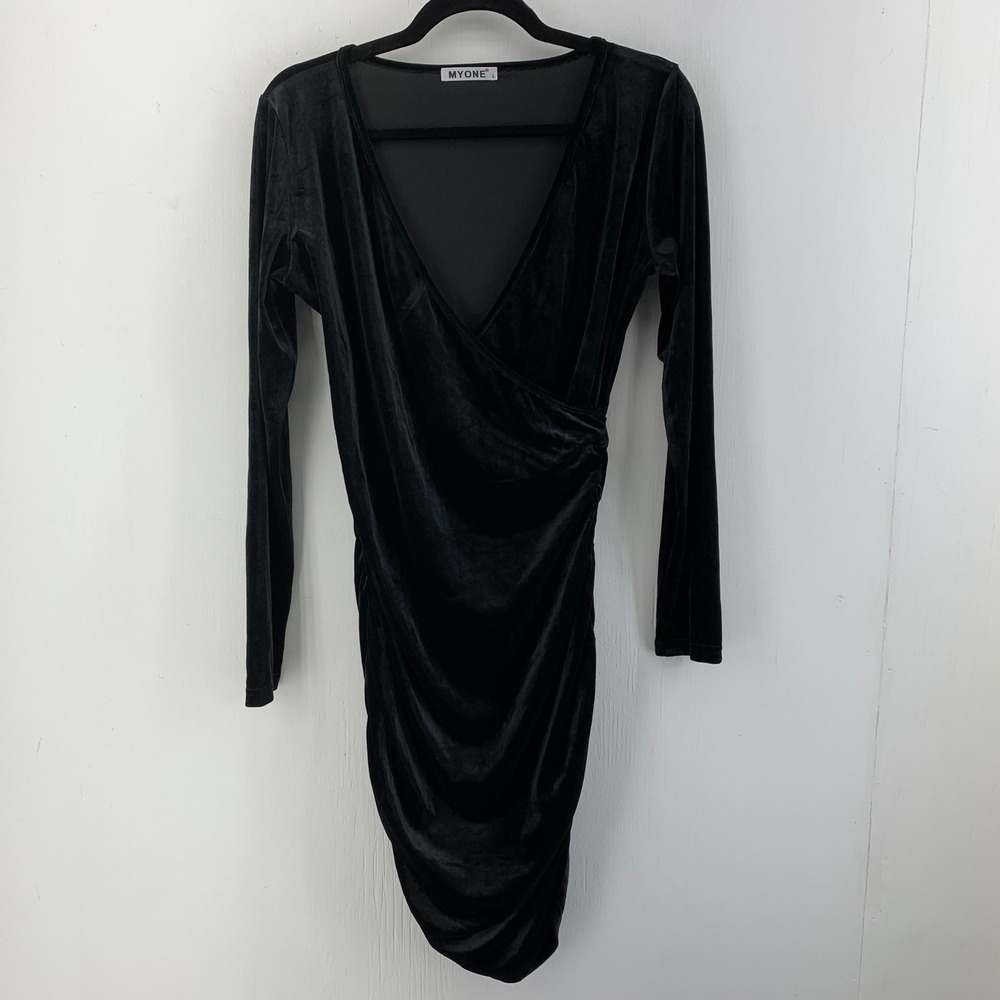 MYONE Black Velvet Event Ruched Bodycon Dress Large Goth Grunge Whimsigoth